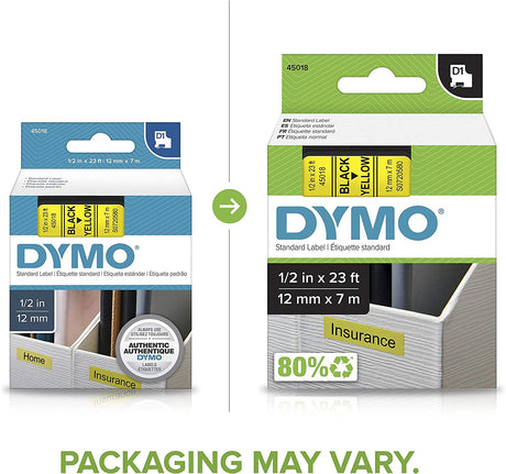 DYMO Standard D1 45018 Labeling Tape ( Black Print on Yellow Tape , 1/2'' W x 23' L , 1 Cartridge) 1/2" Black on Yellow