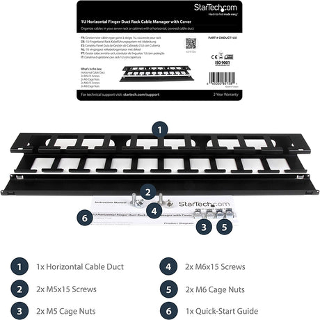 StarTech 1U Horizontal Finger Duct Rack Cable Management Panel with Cover CMDUCT1UX, Black 1U Finger Duct