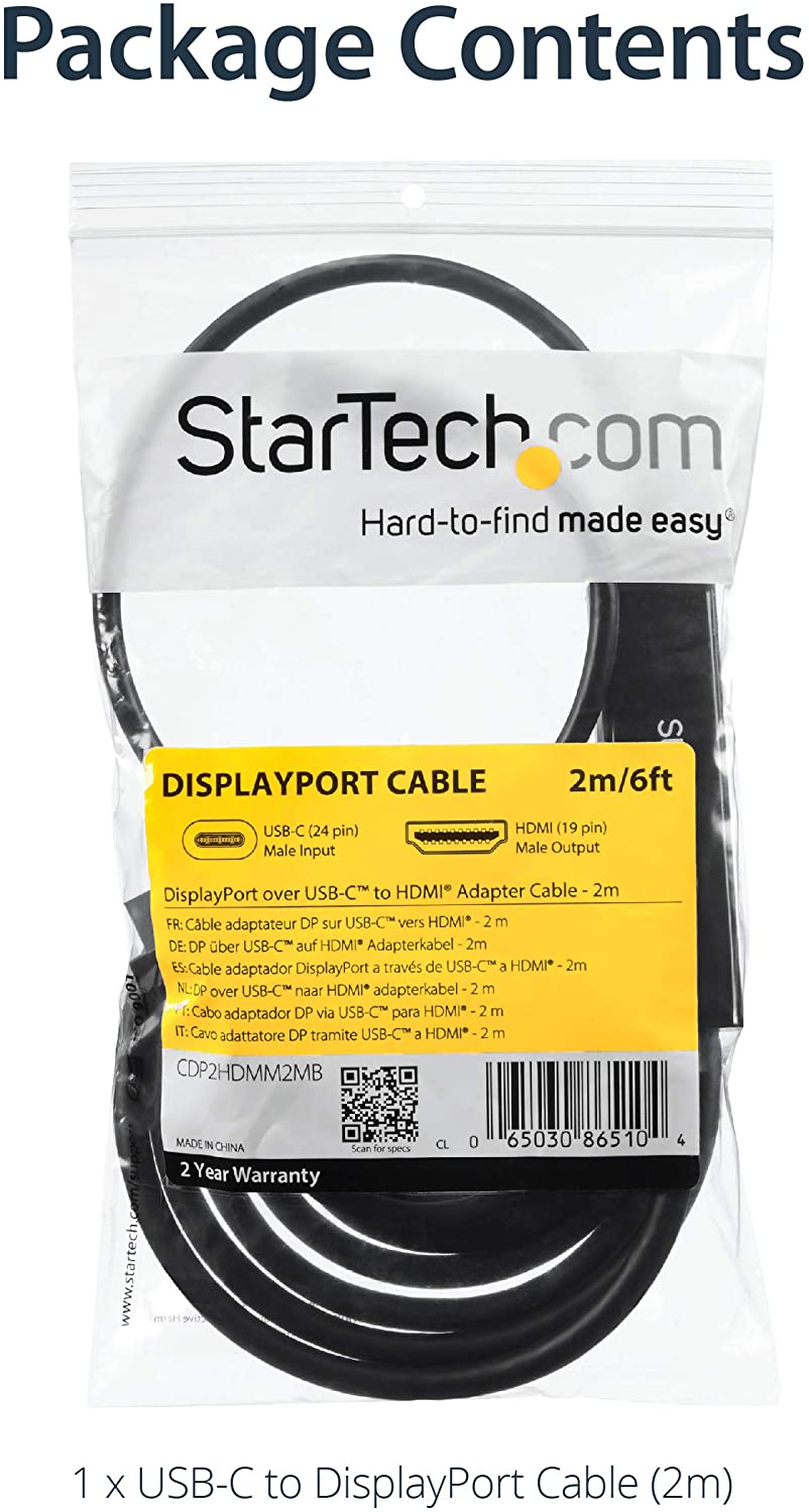 StarTech.com 6ft USB-C to HDMI Cable - USB Type-C to HDMI Adapter Cable - 4K 30Hz - Black (CDP2HDMM2MB) - Limited stock, see similar item CDP2HD2MBNL Black 6 ft / 2m