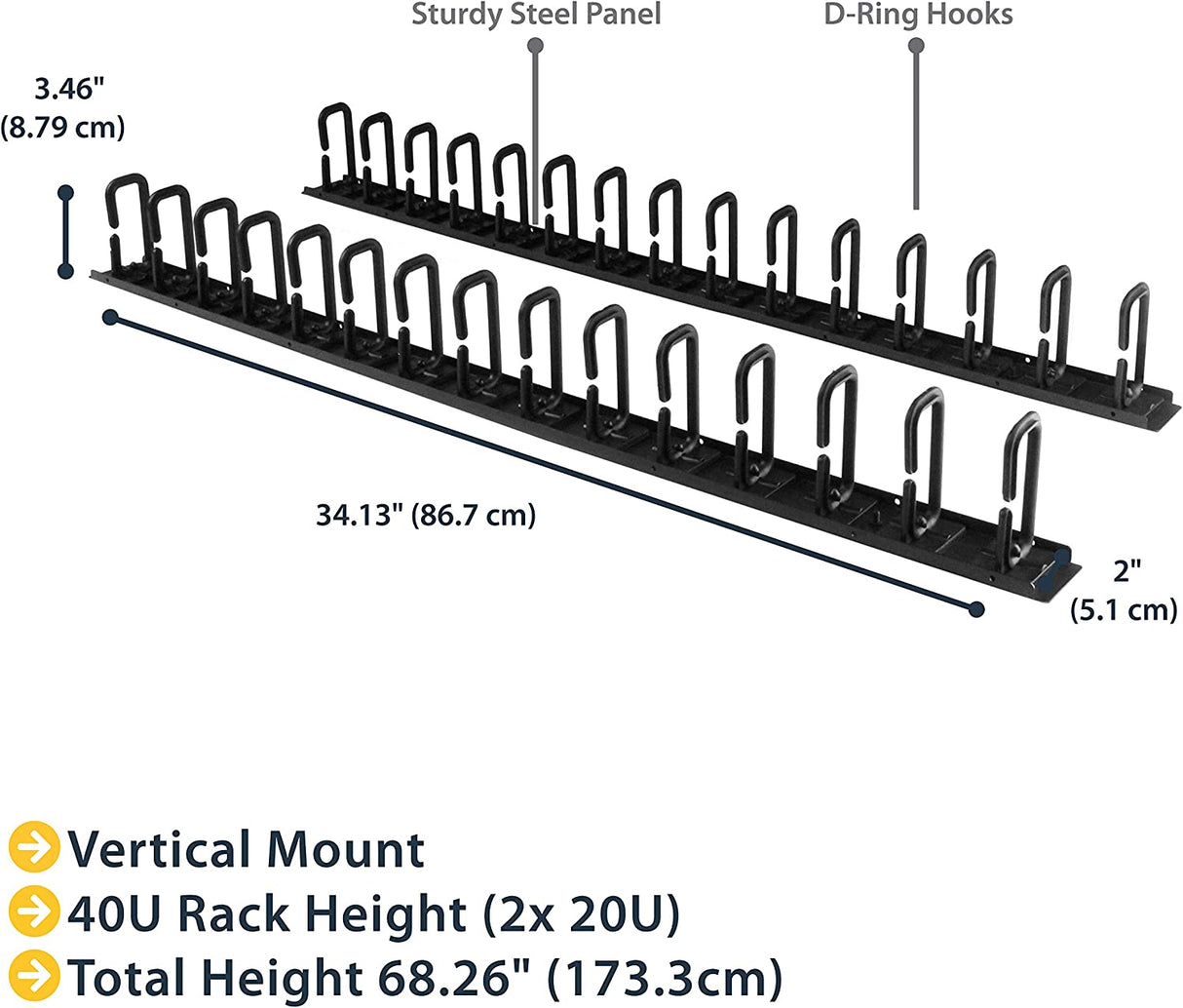 StarTech.com Vertical 0U Server Rack Cable Management w/ D-Ring Hooks - 40U Network Rack Cord Manager Panels - 2x 3ft Wire Organizers (CMVER40UD)