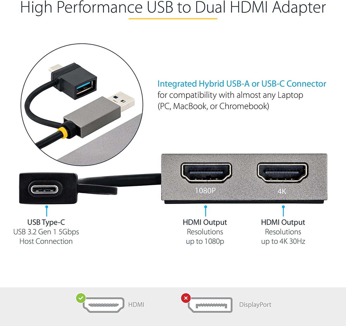 StarTech.com USB to Dual HDMI Adapter, USB A/C to 2x HDMI Displays (1x 4K30Hz, 1x 1080p), Integrated USB-A to C Dongle, 4in/11cm Cable, USB 3.0 to HDMI Display Adapter, Windows &amp; macOS (107B-USB-HDMI) 2x HDMI | USB 3.0 | Mac &amp; Windows OS