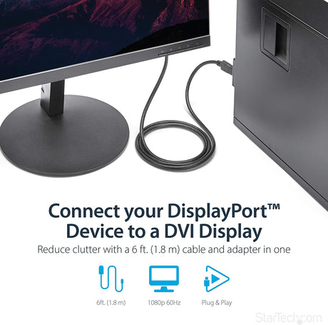 StarTech.com 6ft (1.8m) DisplayPort to DVI Cable - DisplayPort to DVI Adapter Cable 1080p Video - DisplayPort to DVI-D Cable Single Link - DP to DVI Monitor Cable - DP 1.2 to DVI Converter (DP2DVIMM6) 2m (6ft) Standard Packaging