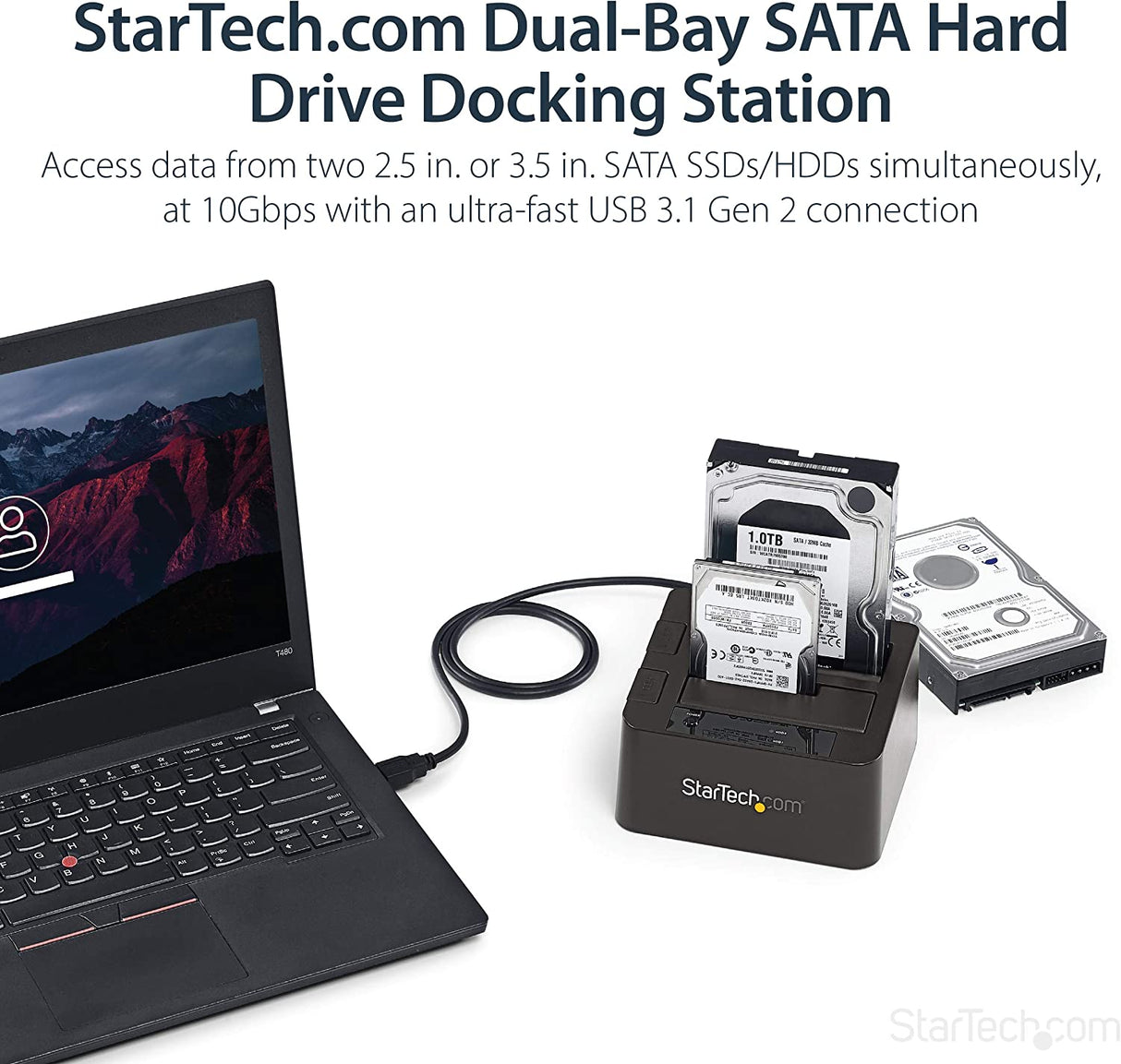 StarTech.com Dual-Bay USB 3.1 to SATA Hard Drive Docking Station, USB 3.1 (10 Gbps), External 2.5/3.5" SATA I/II/III, SSD/HDD Docking Station, Hot-Swap Hard Drive Bay, Top-Loading (SDOCK2U313)