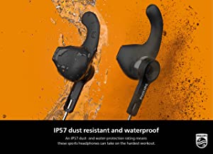 Philips A3206 Wireless Sports Headphones, Detachable Ear Hooks, Integrated Controls, Built-in Microphone, Instant Bluetooth Pairing, IP57 dust Resistant and Waterproof TAA3206BK Black One size fits all Wireless | Around the neck