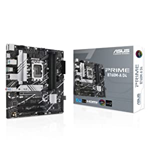 ASUS Prime B760M-A D4 Intel® B760 (LGA 1700)(13th and 12th Gen) mATX Motherboard, PCIe 4.0, 2xM.2 Slots,2.5Gb LAN, DisplayPort,Dual HDMI,Rear USB 3.2 Gen 2, Front USB 3.2 Gen 1 Type-C®, Aura Sync