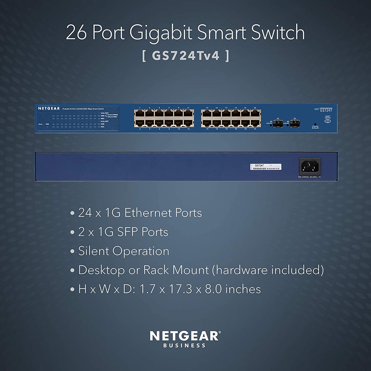 NETGEAR 26-Port Gigabit Ethernet Smart Switch (GS724Tv4) - Managed, with 24 x 1G, 2 x 1G SFP, Desktop or Rackmount, and Limited Lifetime Protection 24 port | 2xSFP