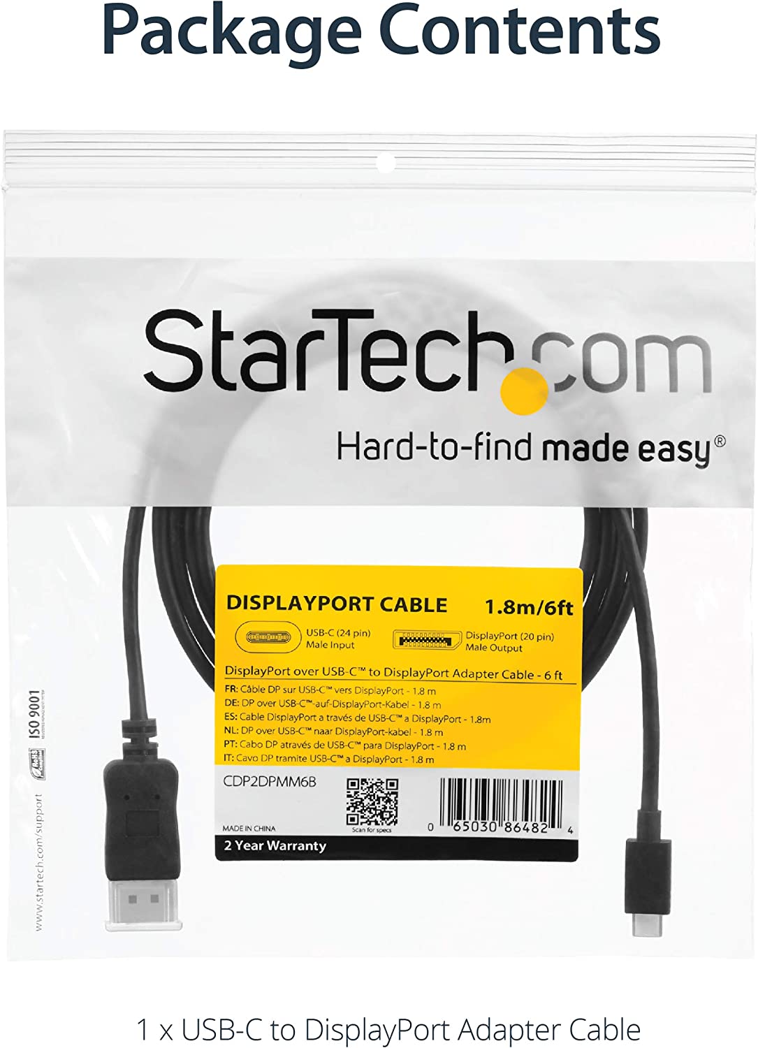 StarTech.com 6ft/1.8m USB C to DisplayPort 1.2 Cable 4K 60Hz - USB-C to DP Adapter HBR2 - USB Type-C DP Alt Mode to DP Monitor Video Cable (CDP2DPMM6B) - Limited stock, see similar item CDP2DP2MBD 6 ft / 2 m Black