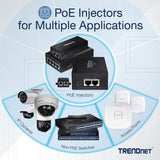 TRENDnet Gigabit Power Over Ethernet Injector, Full Duplex Gigabit Speeds, 1 x Gigabit Ethernet Port, 1 x PoE Gigabit Ethernet Port, Network Devices Up To 100M (328 ft), 15.4W, Black, TPE-113GI