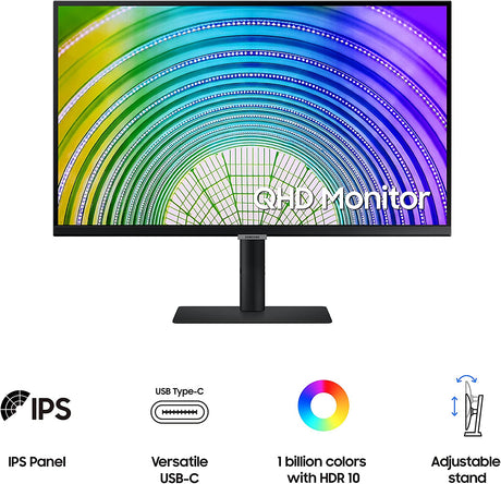 SAMSUNG S60UA Series 27-Inch WQHD (2560x1440) Computer Monitor, 75Hz, IPS Panel, USB-C, HDR10 (1 Billion Colors), Height Adjustable Stand, TUV-Certified Intelligent Eye Care (LS27A600UUNXGO) 27 in QHD HDR10 with USB-C