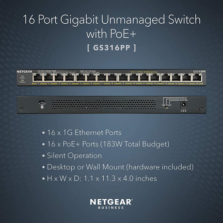 NETGEAR 16-Port Gigabit Ethernet Unmanaged PoE+ Switch (GS316PP) - with 16 x PoE+ @ 183W, Desktop or Wall Mount Unmanaged 16 port | 16xPoE+ 183W
