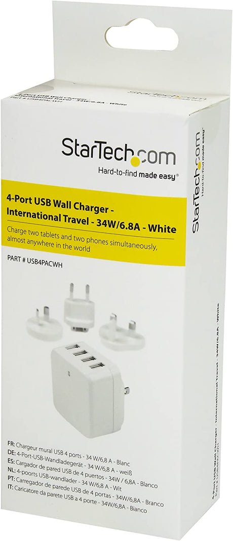 StarTech.com 4-Port Travel USB Wall Charger - 34W/6.8A International Travel Adapter - White - Portable USB Charging Station (USB4PACBK) White 4 ports