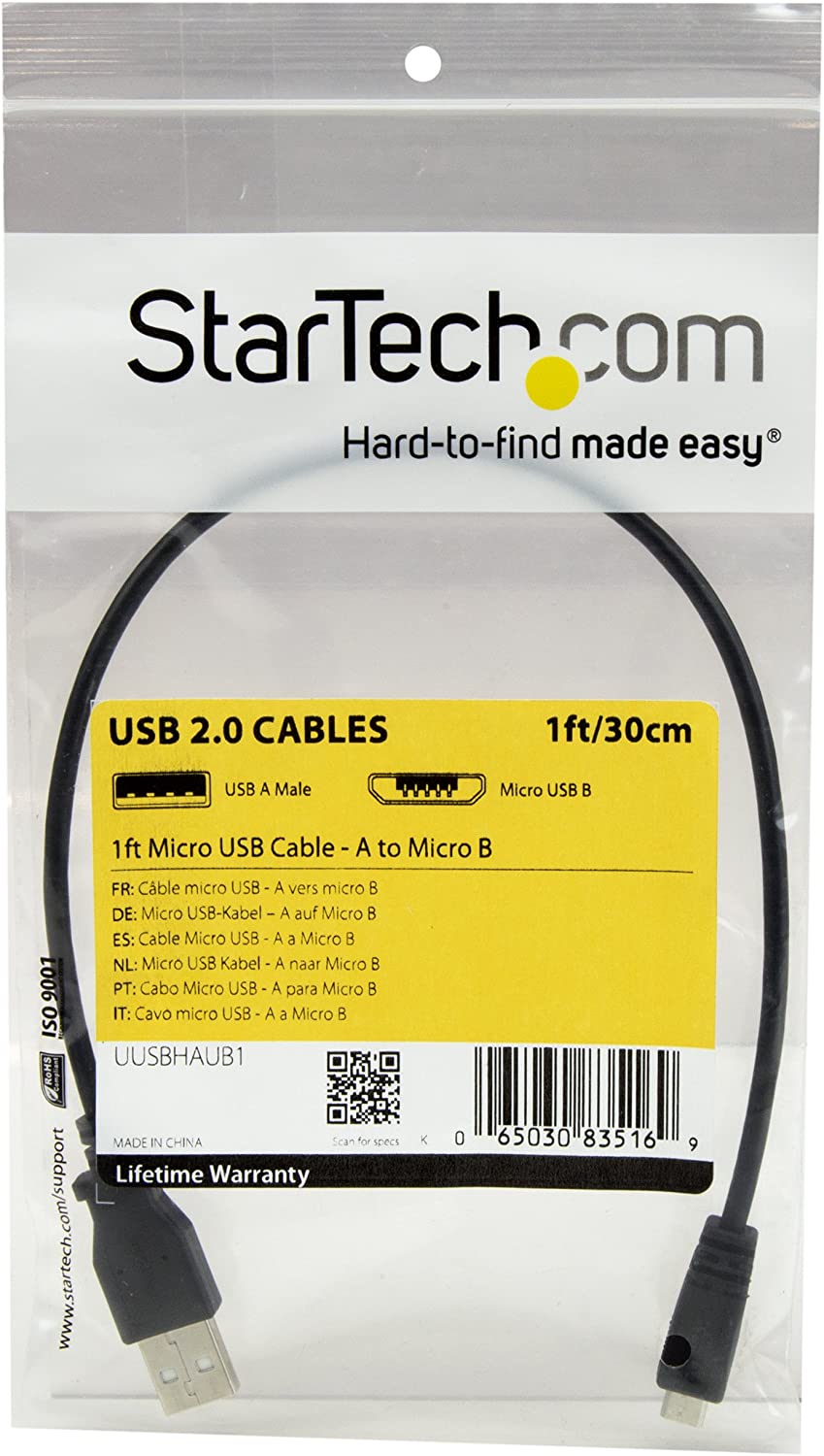 StarTech.com 1 ft. (0.3 m) USB to Micro USB Cable - USB 2.0 A to Micro B - Black - Micro USB Cable (UUSBHAUB1) 1 ft / 30cm Straight