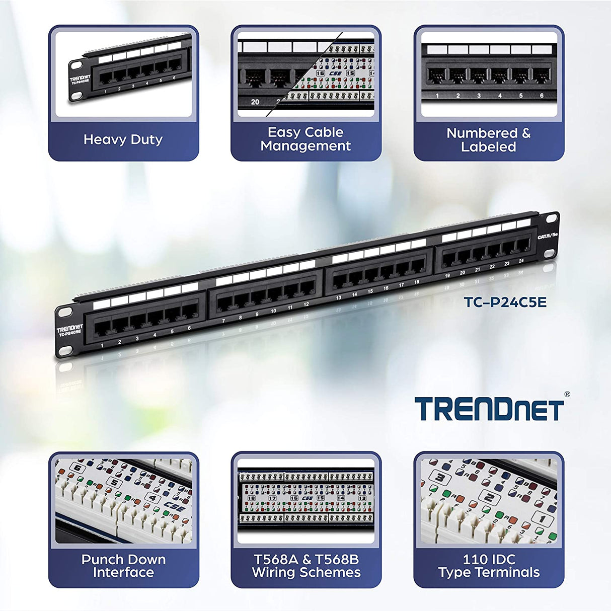 TRENDnet 24-Port Cat5-5e RJ-45 UTP Unshielded Patch Panel, Wallmount or Rackmount, 100Mhz, Color-Coded Labeling, Cat5,Cat5e,Cat4,Cat3 Compatible, 1U Rackmount, Black, TC-P24C5E