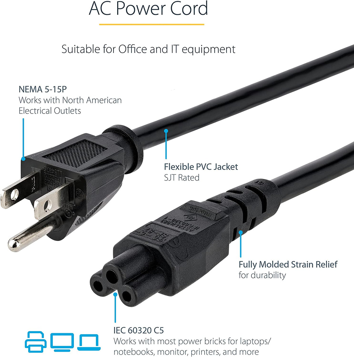 StarTech.com 6ft (1.8m) Laptop Power Cord, NEMA 1-15P to C5 (Mickey Mouse), 10A 125V, 18AWG Laptop Replacement Cord, Laptop Charger Cord, Laptop Power Brick Cord - UL Listed (PXT101NB3S) 6 ft / 2m Standard Power Cord