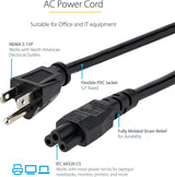 StarTech.com 6ft (1.8m) Laptop Power Cord, NEMA 1-15P to C5 (Mickey Mouse), 10A 125V, 18AWG Laptop Replacement Cord, Laptop Charger Cord, Laptop Power Brick Cord - UL Listed (PXT101NB3S) 6 ft / 2m Standard Power Cord