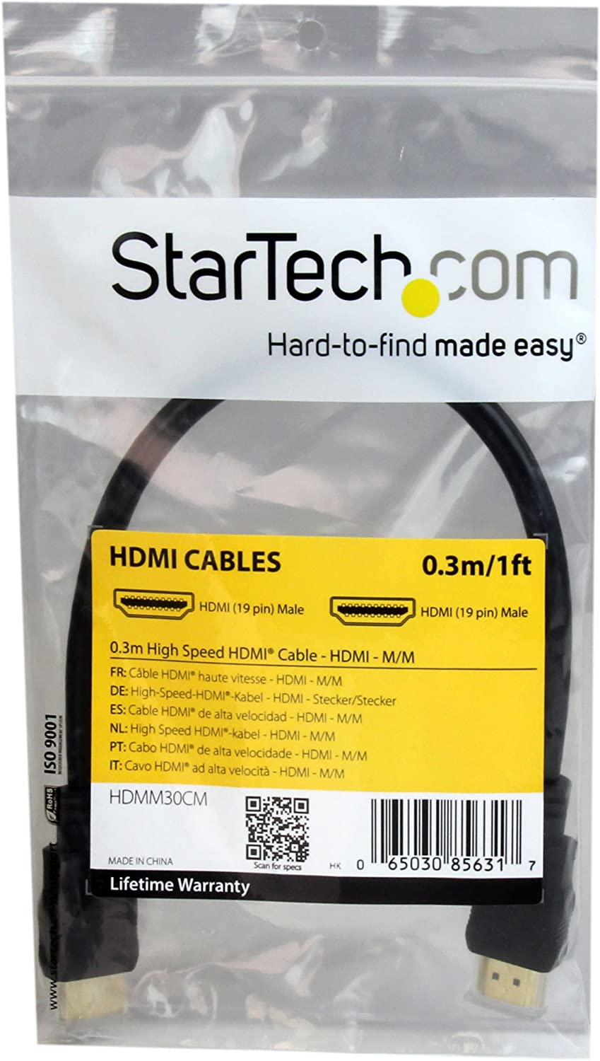 StarTech.com 0.3m 1ft Short High Speed HDMI Cable - Ultra HD 4k x 2k HDMI Cable - HDMI M/M - 30cm HDMI 1.4 Cable - Audio/Video Gold-Plated (HDMM30CM),Black 0.3 meter
