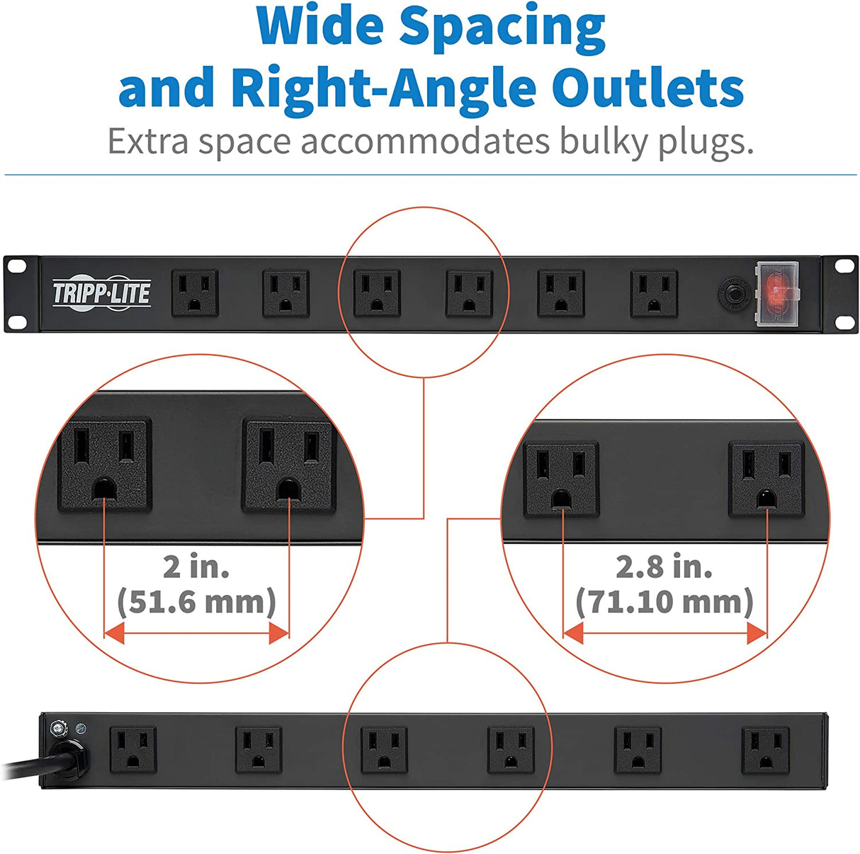 Tripp Lite RS1215-RA Rackmount Network-Grade PDU Power Strip, 12 Right Angle Outlets Wide-Spaced, 15A, 15ft Cord w/ 5-15P Plug,, Black 15A + Right Angle Outlet Single