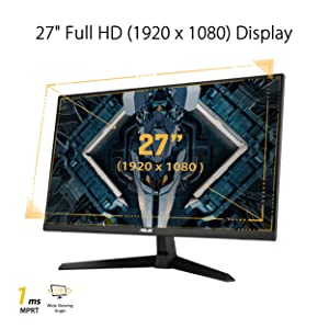 ASUS TUF Gaming 27” 1080P Gaming Monitor (VG277Q1A) - Full HD, 165Hz (Supports 144Hz), 1ms, Extreme Low Motion Blur, FreeSync Premium, Shadow Boost, Eye Care, HDMI, DisplayPort, Tilt Adjustable 27" FHD 1ms 165Hz FreeSync Premium