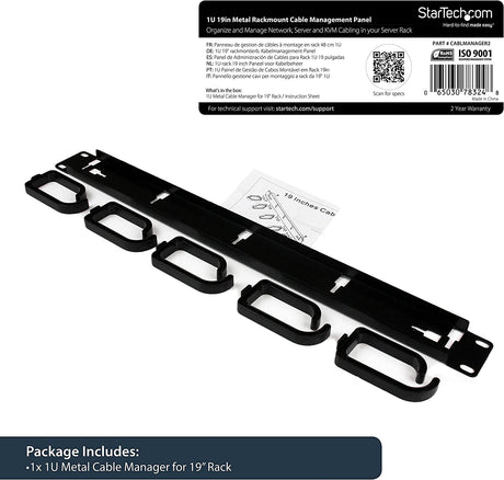 StarTech.com 19” Server Rack Cable Management Panel w/ D-Ring Hooks - 1U Horizontal or Vertical Wire and Cord Manager - Metal (CABLMANAGER2), Black 1U D-Ring Hooks