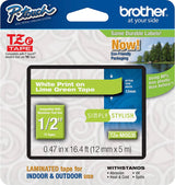 Brother Genuine P-Touch TZE-MQG35 Tape, 1/2" (0.47") Laminated White on Lime Green Water-Resistant 0.47" x 16.4 ft (24mm x 8mm), Single-Pack White on Lime Green Tape