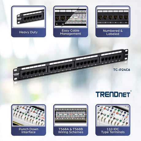 TRENDnet 24-Port Cat6 Unshielded Patch Panel, Wallmount or Rackmount, Compatible with Cat3,4,5,5e,6 Cabling, For Ethernet, Fast Ethernet, Gigabit Applications, Black, TC-P24C6