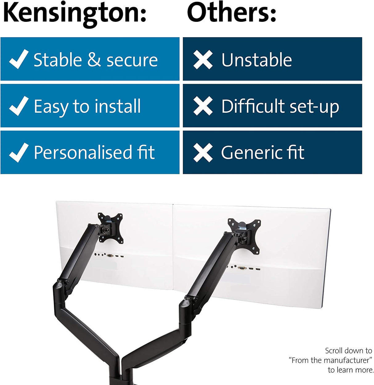 Kensington SmartFit® One-Touch Height Adjustable Dual Monitor Arm - Black (K59601WW) dual arm black