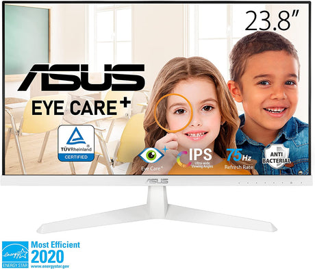 ASUS VY249HE-W 23.8” 1080P Monitor - White, Full HD, 75Hz, IPS, Adaptive-Sync/FreeSync, Eye Care Plus, Color Augmentation, Rest Reminder, Antibacterial Surface, HDMI, VGA Frameless VESA Wall Mountable