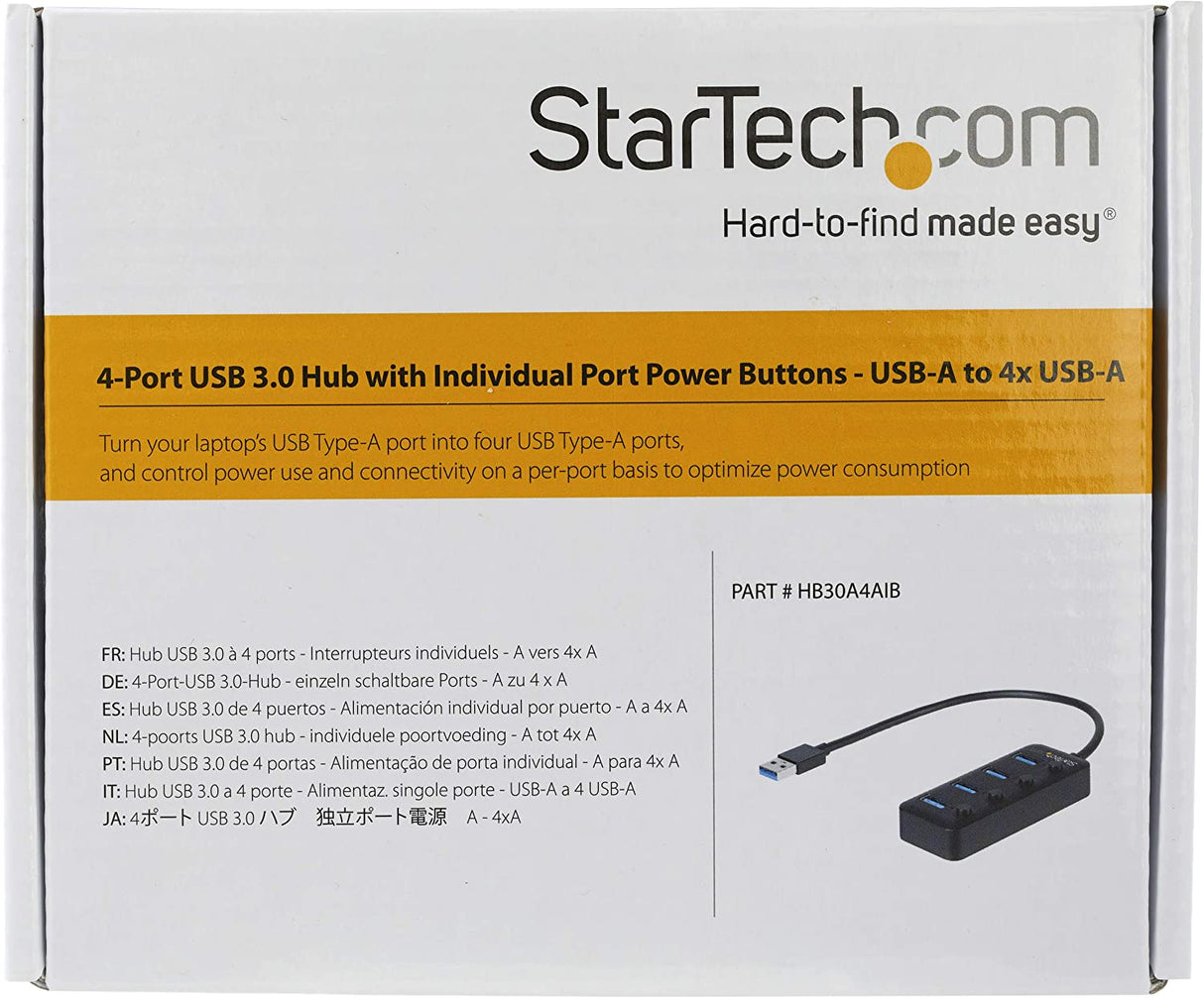 StarTech.com 4 Port USB 3.0 Hub - USB-A to 4x USB 3.0 Type-A with Individual On/Off Port Switches - SuperSpeed 5Gbps USB 3.1/3.2 Gen 1 - USB Bus Powered - Portable - 9.8" Attached Cable (HB30A4AIB)