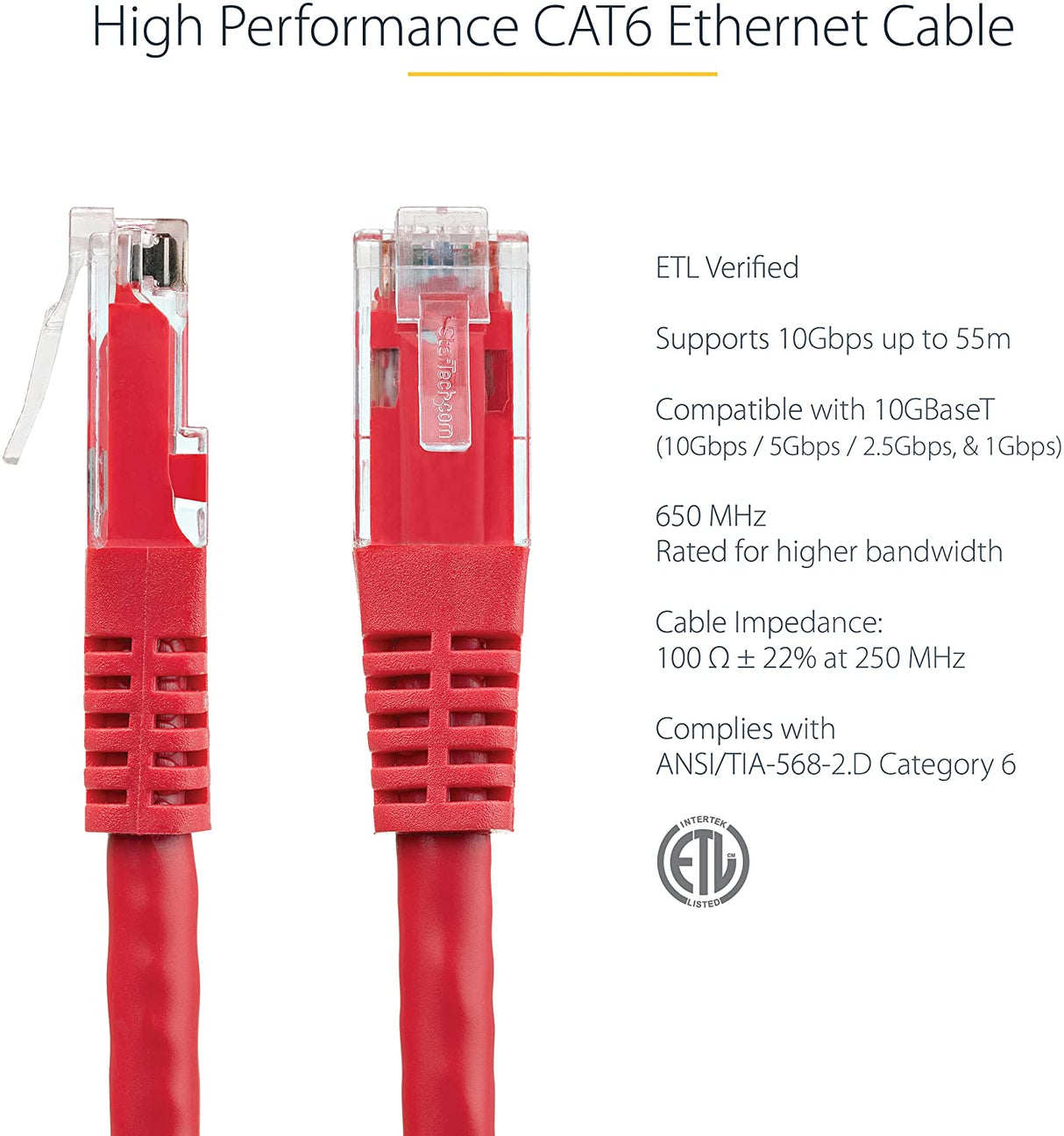 StarTech.com 75ft CAT6 Ethernet Cable - Red CAT 6 Gigabit Ethernet Wire -650MHz 100W PoE++ RJ45 UTP Molded Category 6 Network/Patch Cord w/Strain Relief/Fluke Tested UL/TIA Certified (C6PATCH7RD) Red 7 ft / 2.1 m 1 Pack