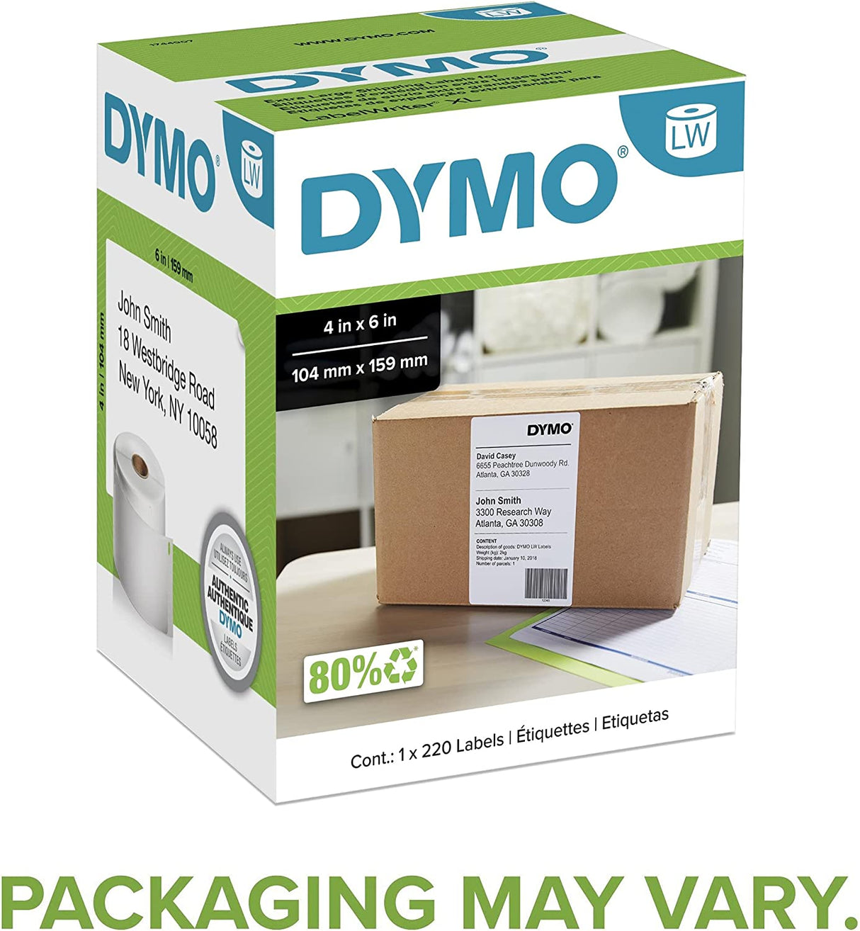 DYMO LabelWriter Label Thermal, Printer Labels Shipping Extra Large 4" x 6" 220 Labels, Box of 1, White (1744907)