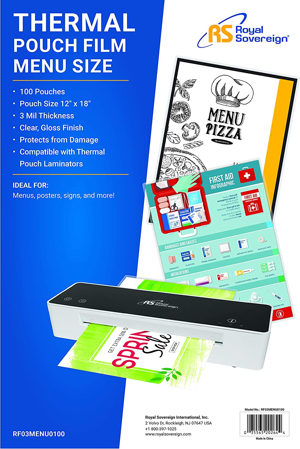 Royal Sovereign 3 Mil Thermal Laminating Pouches, 100 Pack, Menu Size, 18" x 12" x 0.6" Inches, Clear Gloss (RF03MENU0100)