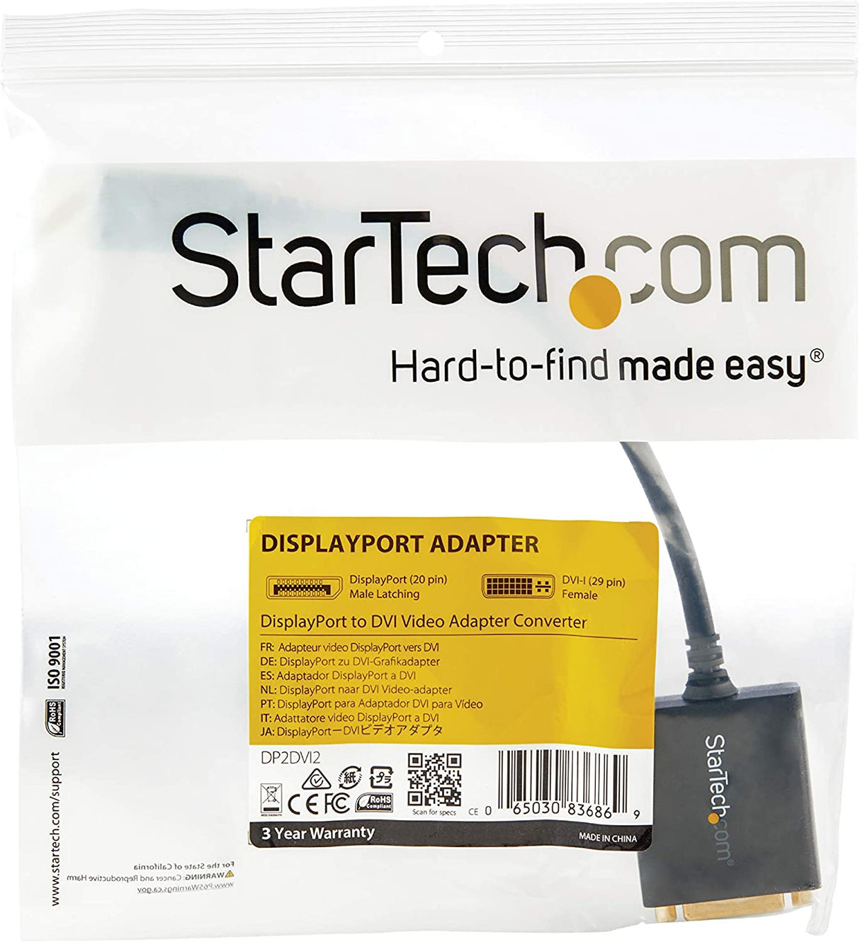 StarTech.com DisplayPort to DVI Adapter - DisplayPort to DVI-D Adapter Video Converter 1080p - DP 1.2 to DVI Monitor/Display Cable Adapter Dongle - DP to DVI Adapter - Latching DP Connector (DP2DVI2)