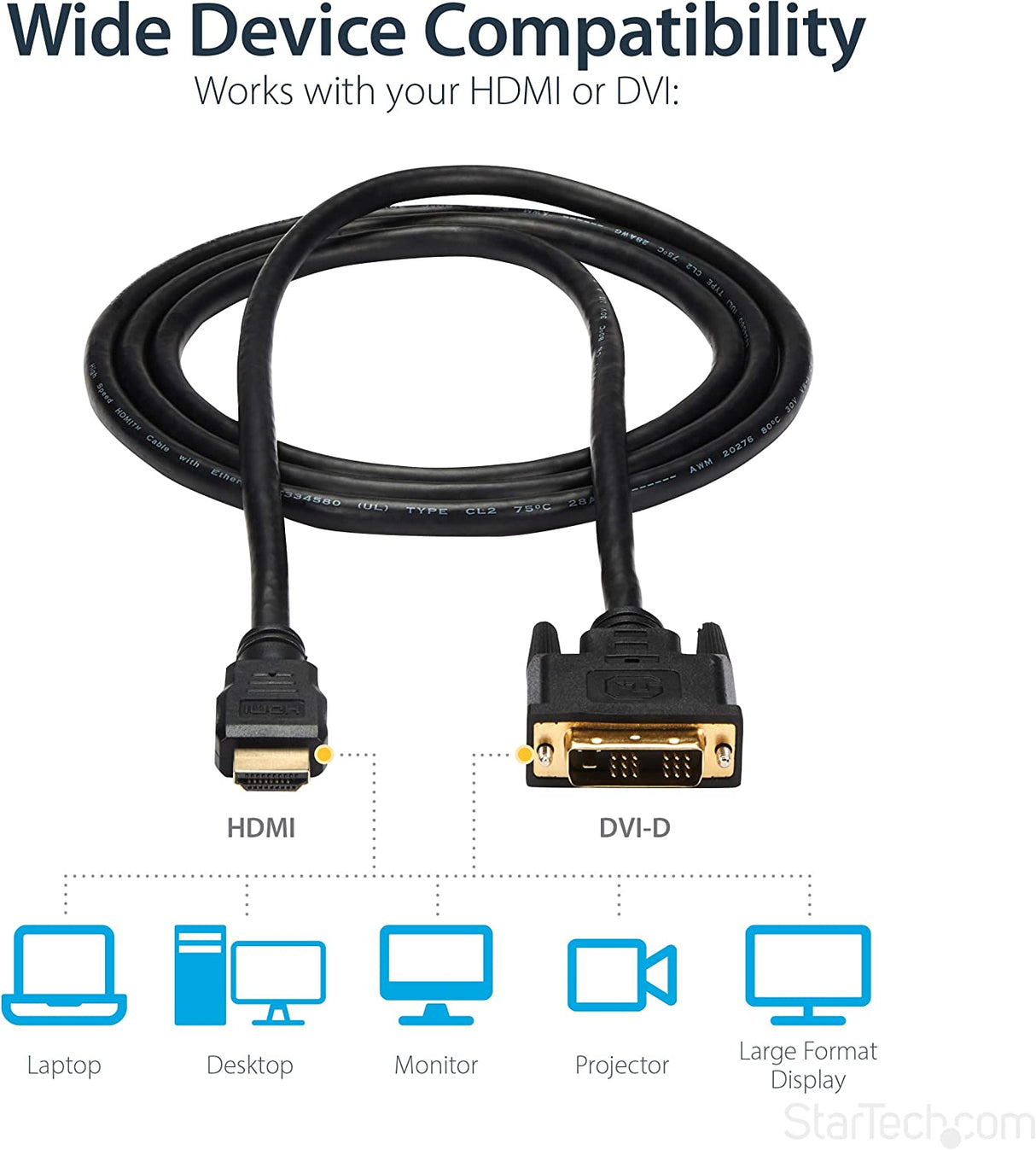 StarTech.com 6ft HDMI to DVI D Adapter Cable - Bi-Directional - HDMI to DVI or DVI to HDMI Adapter for Your Computer Monitor (HDMIDVIMM6) 6 ft / 2 m Standard Packaging