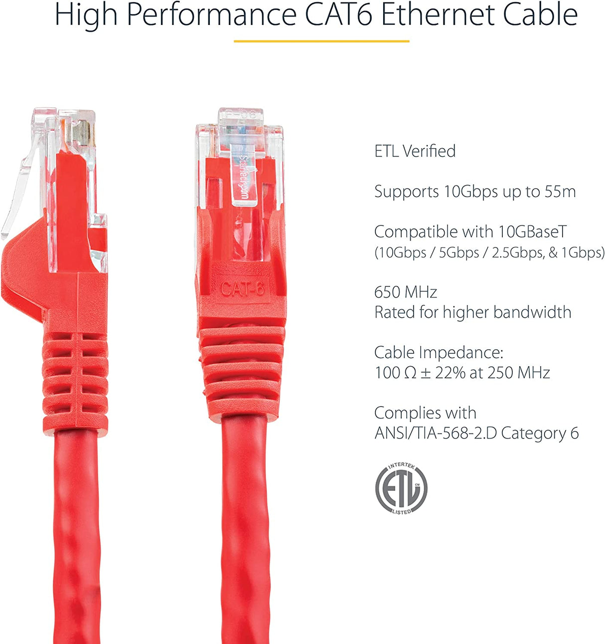 StarTech.com 25ft CAT6 Ethernet Cable - Red CAT 6 Gigabit Ethernet Wire -650MHz 100W PoE RJ45 UTP Category 6 Network/Patch Cord Snagless w/Strain Relief Fluke Tested UL/TIA Certified (N6PATCH25RD) Red 25 ft / 7.6 m 1 Pack
