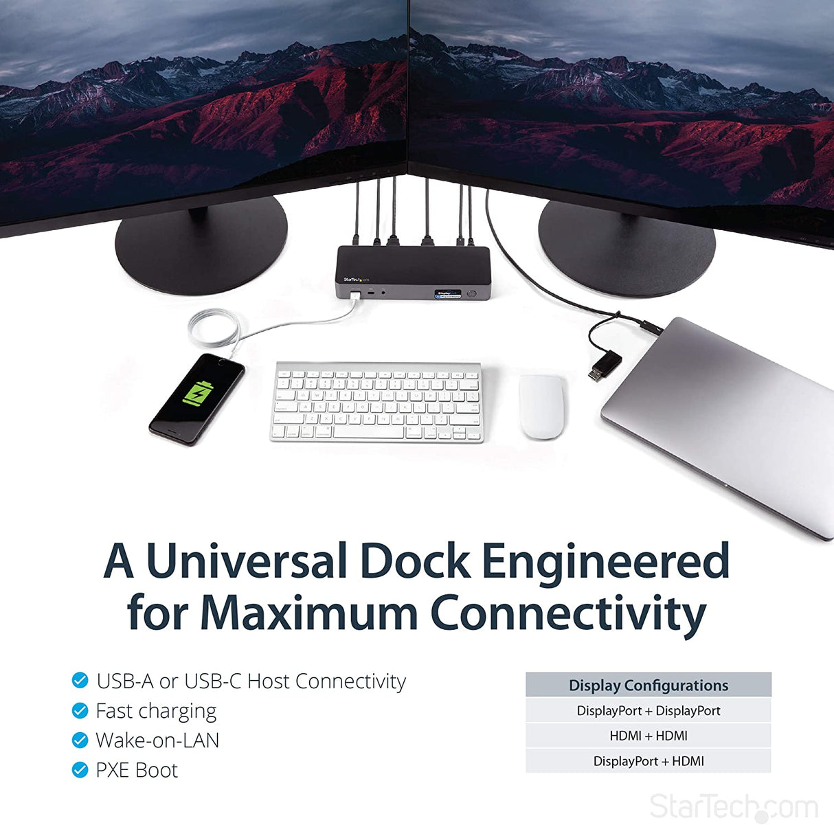 StarTech.com USB-C &amp; USB-A Dock - Hybrid Universal Laptop Docking Station with Dual Monitor 4K60Hz HDMI &amp; DisplayPort - USB 3.1 Gen 1 Hub, GbE - 60W Power Delivery - Windows, Mac &amp; Chrome (DK30C2DPPD)