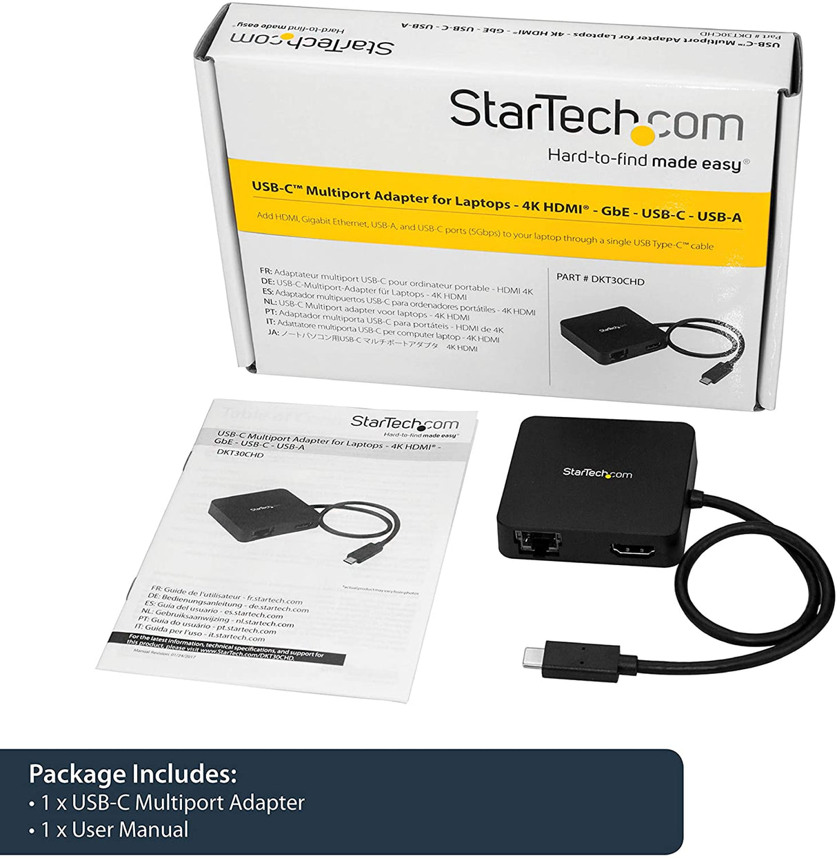 StarTech.com USB C Multiport Adapter - Portable USB-C Mini Dock 4K HDMI Video - Gigabit Ethernet, USB 3.0 Hub (1x USB-A 1x USB-C) - USB Type-C Multiport Adapter - Thunderbolt 3 Compatible (DKT30CHD) 1x USB-A 3.0 | 1x USB C-(5Gbps) | HDMI