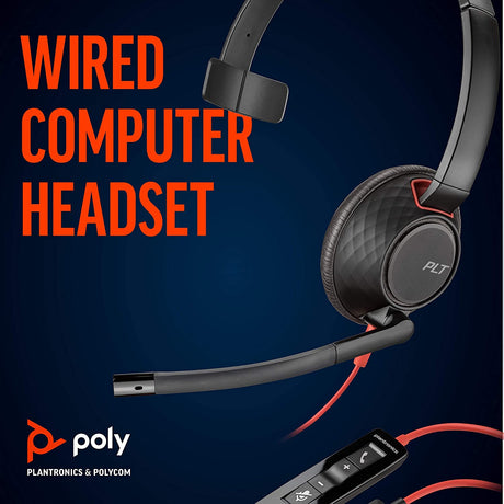 Poly Plantronics - Blackwire 5210 - Wired, Single Ear (Monaural) Headset with Boom Mic - Computer Headset - USB-A, 3.5 mm to connect to your PC, Mac, Tablet and/or Cell Phone