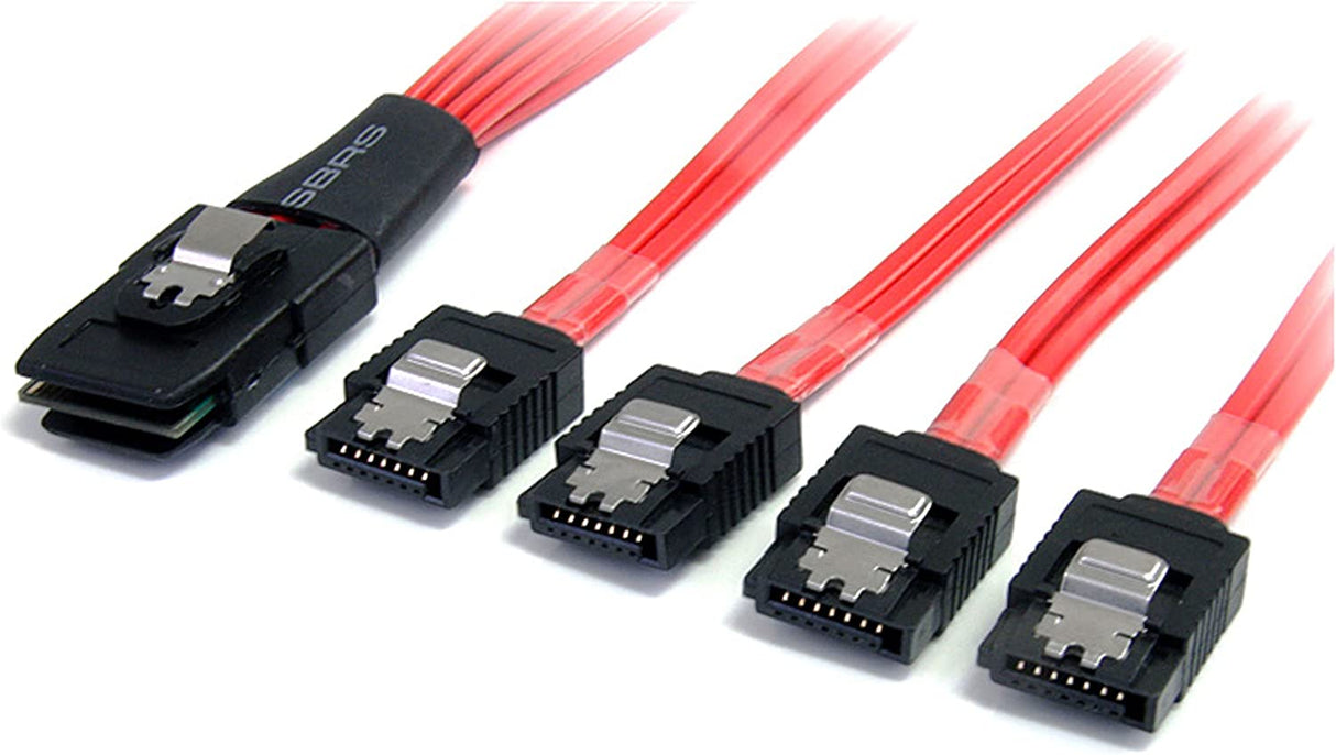 StarTech.com 50cm Serial Attached SCSI SAS Cable - SFF-8087 Plug to 4x Latching SATA (female) - Mini SAS to SATA Cable (SAS8087S450), Red