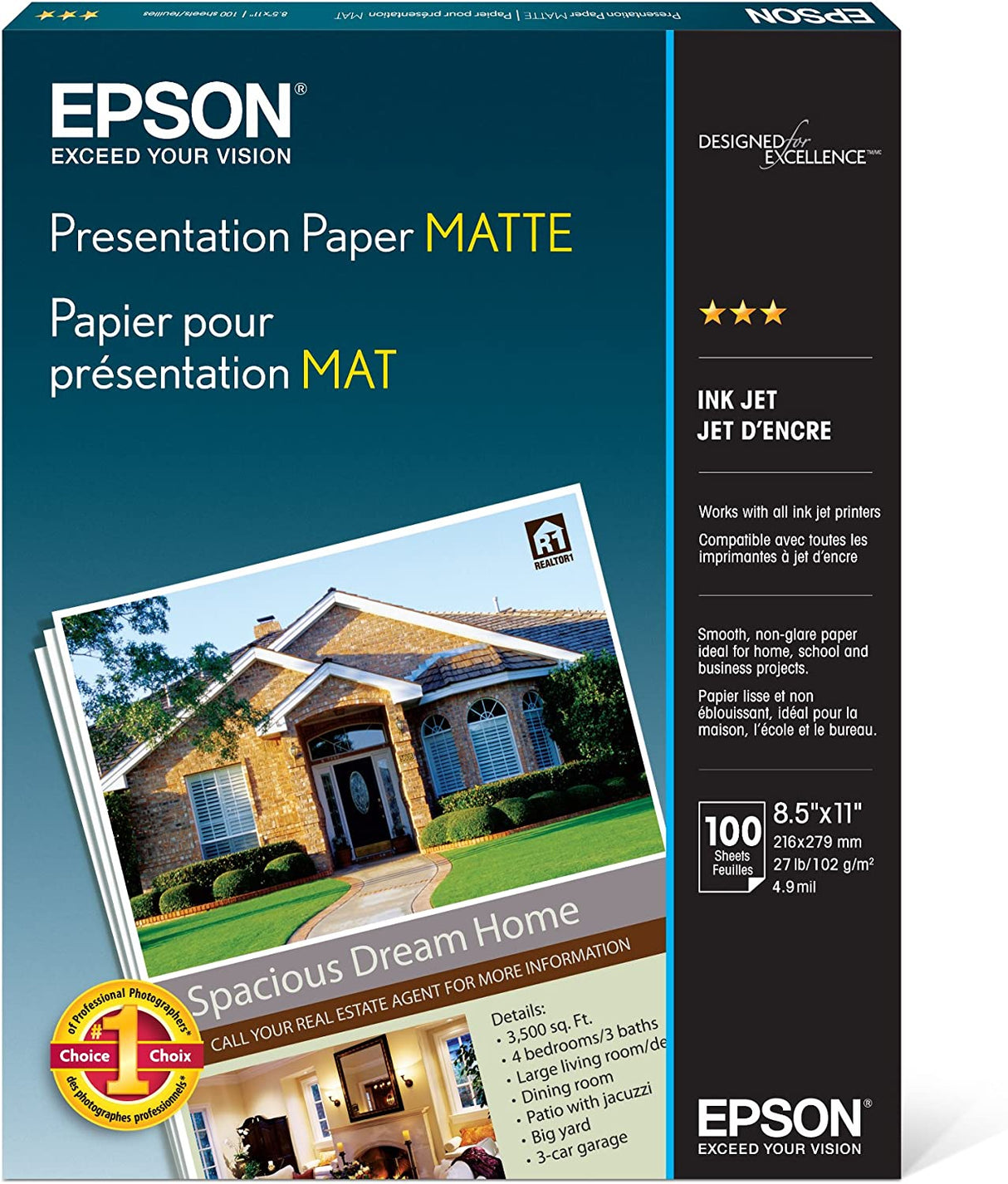 Epson S041062 Matte Presentation Paper, 27 lbs., Matte, 8-1/2 x 11 (Pack of 100 Sheets),White 1 DESIGN 1