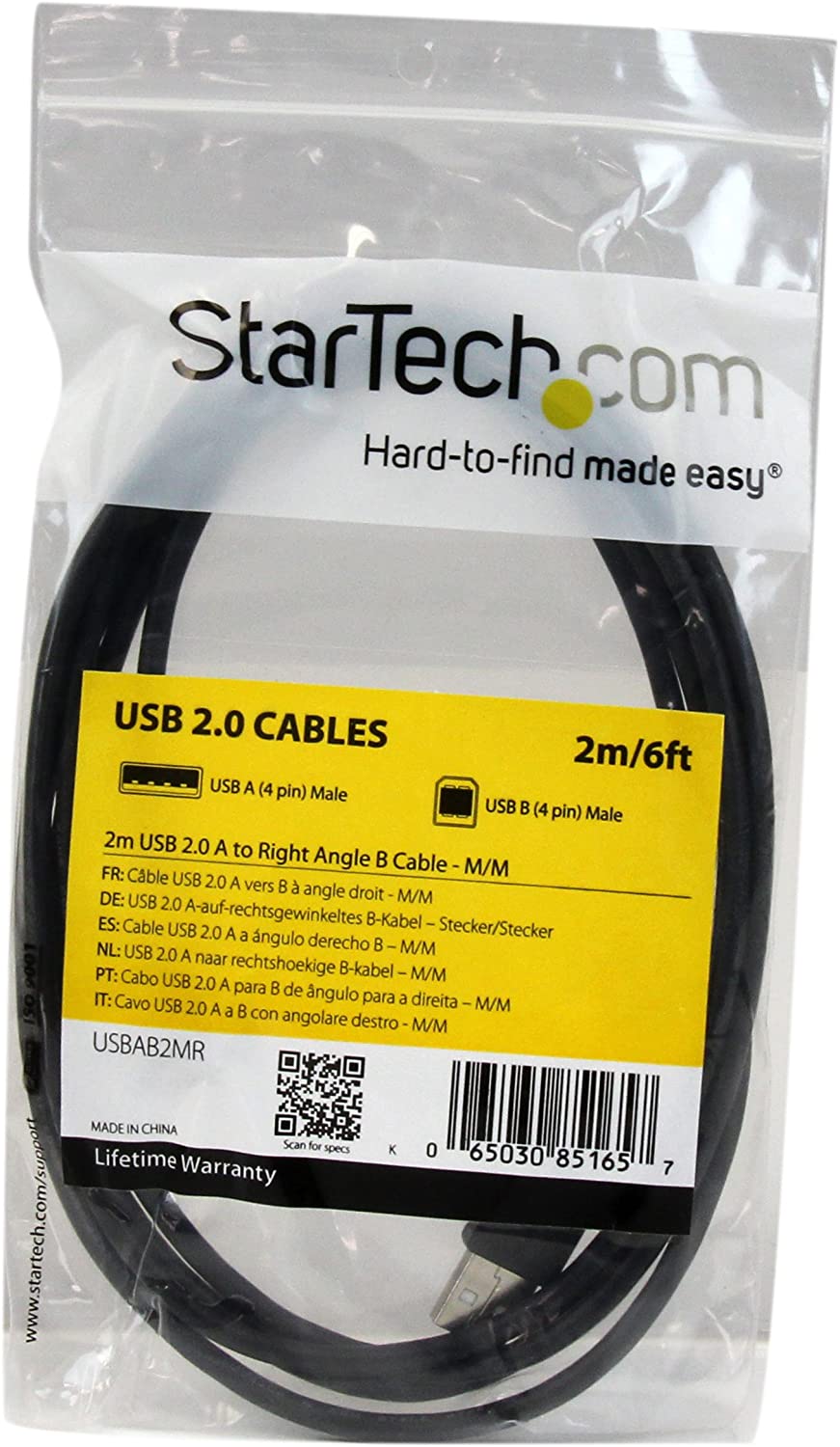 StarTech.com 2m USB 2.0 A to Right Angle B Cable Cord - 2 m USB Printer Cable - Right Angle USB B Cable - 1x USB A (M), 1x USB B (M) (USBAB2MR) Right Angled Connector 6 ft / 2m