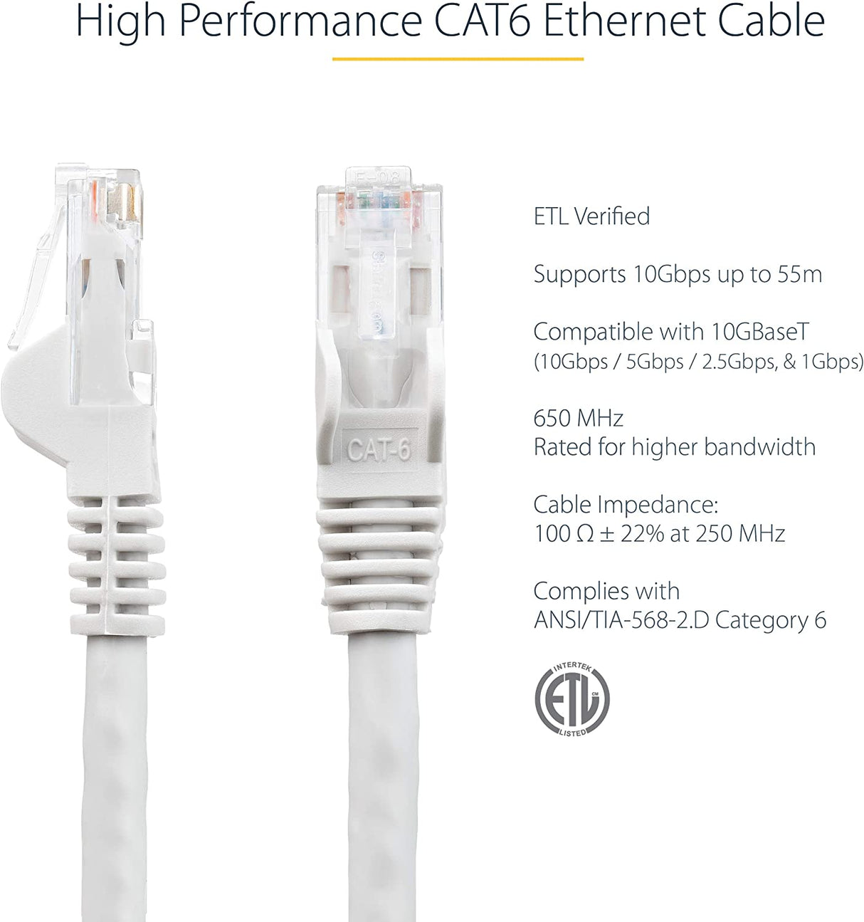 StarTech.com 75ft CAT6 Ethernet Cable - White CAT 6 Gigabit Ethernet Wire -650MHz 100W PoE RJ45 UTP Network/Patch Cord Snagless w/Strain Relief Fluke Tested/Wiring is UL Certified/TIA (N6PATCH75WH) White 75 ft / 22.8 m 1 Pack