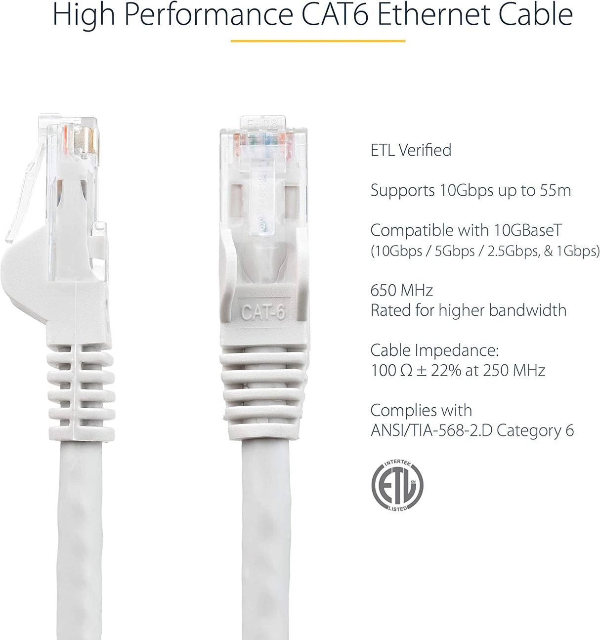 StarTech.com 3ft CAT6 Ethernet Cable - White CAT 6 Gigabit Ethernet Wire -650MHz 100W PoE RJ45 UTP Network/Patch Cord Snagless w/Strain Relief Fluke Tested/Wiring is UL Certified/TIA (N6PATCH3WH) White 3 ft / 0.9 m 1 Pack