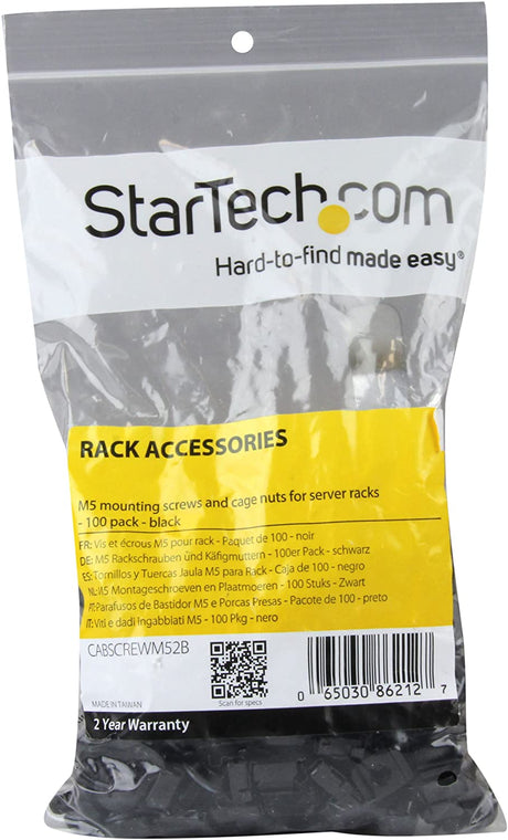 StarTech.com M5 x 12mm Screws and Cage Nuts - 100 Pack - M5 Mounting Screws and Cage Nuts for Server Rack and Cabinet - Black (CABSCREWM52B) 100x M5 Black Cage Nuts and Mounting Screws