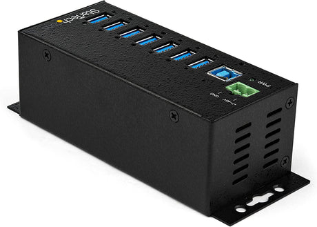 StarTech.com 7-Port USB 3.0 Hub with Power Adapter - Metal Industrial USB-A Hub with ESD &amp; 350W Surge Protection - Din/Wall/Desk Mountable - High Speed USB 3.1 Gen 1 5Gbps Hub (HB30A7AME) 7 port power adapter included Hub