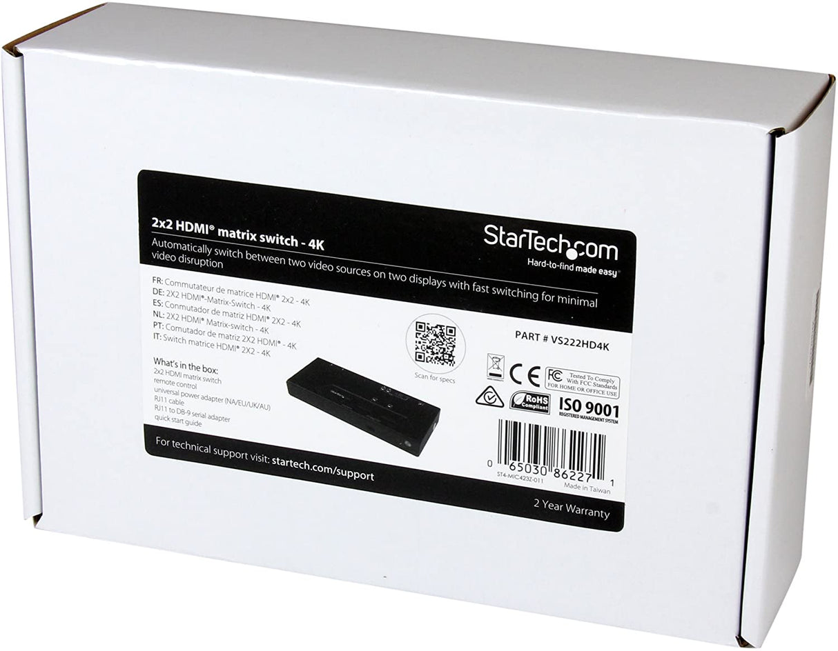 StarTech.com 2x2 HDMI Matrix Switcher - 4K UltraHD HDMI Switch with Fast Switching, Auto-Sensing and Serial Control (VS222HD4K),Black