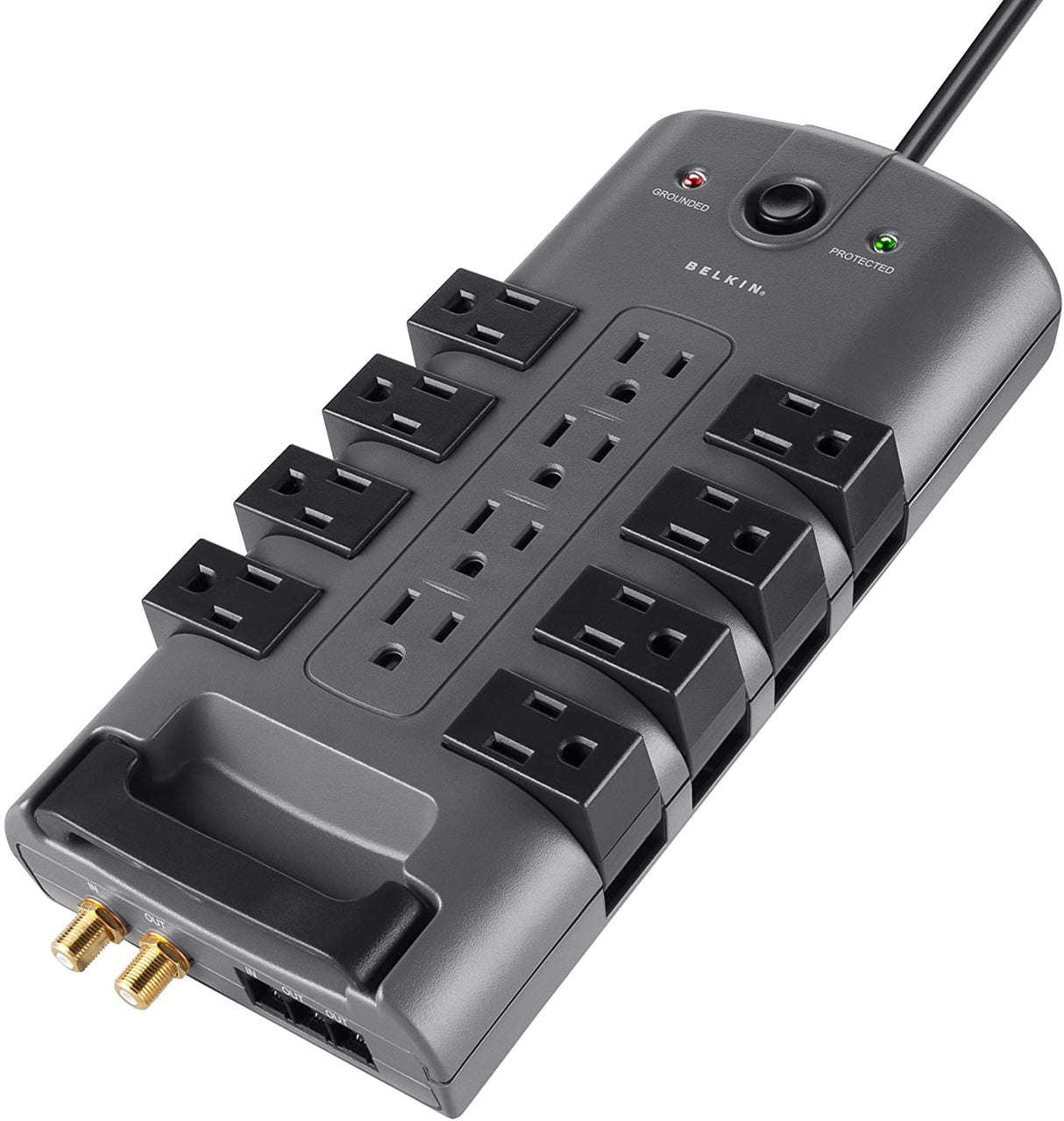 Belkin Surge Power Strip Protector - 8 Rotating &amp; 4 Stationary AC Multiple Outlets - 8 ft Long Heavy Duty Extension Cord Flat Pivot Plug for Home, Office, Travel, Desktop &amp; Charging Brick, 4320 Joules Phone Protection Power Strip 12-Outlet