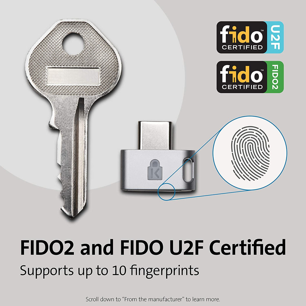 Kensington FID0 U2F and FIDO2 USB-C Security Key and Fingerprint Reader - Windows, macOs, Chrome