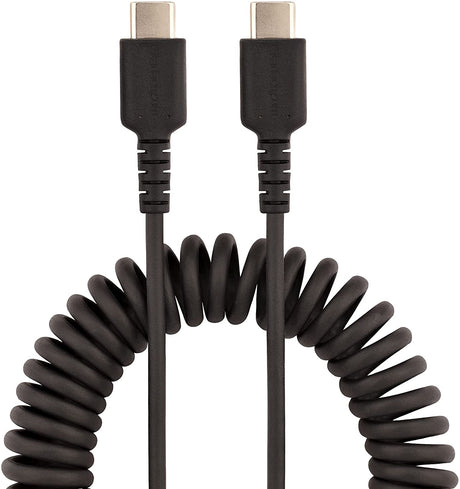StarTech.com 20in (50cm) USB C Charging Cable, Coiled Heavy Duty Fast Charge &amp; Sync USB-C Cable, USB 2.0 Type-C Cable, Rugged Aramid Fiber, Durable Male to Male USB Cable, Black (R2CCC-50C-USB-CABLE)