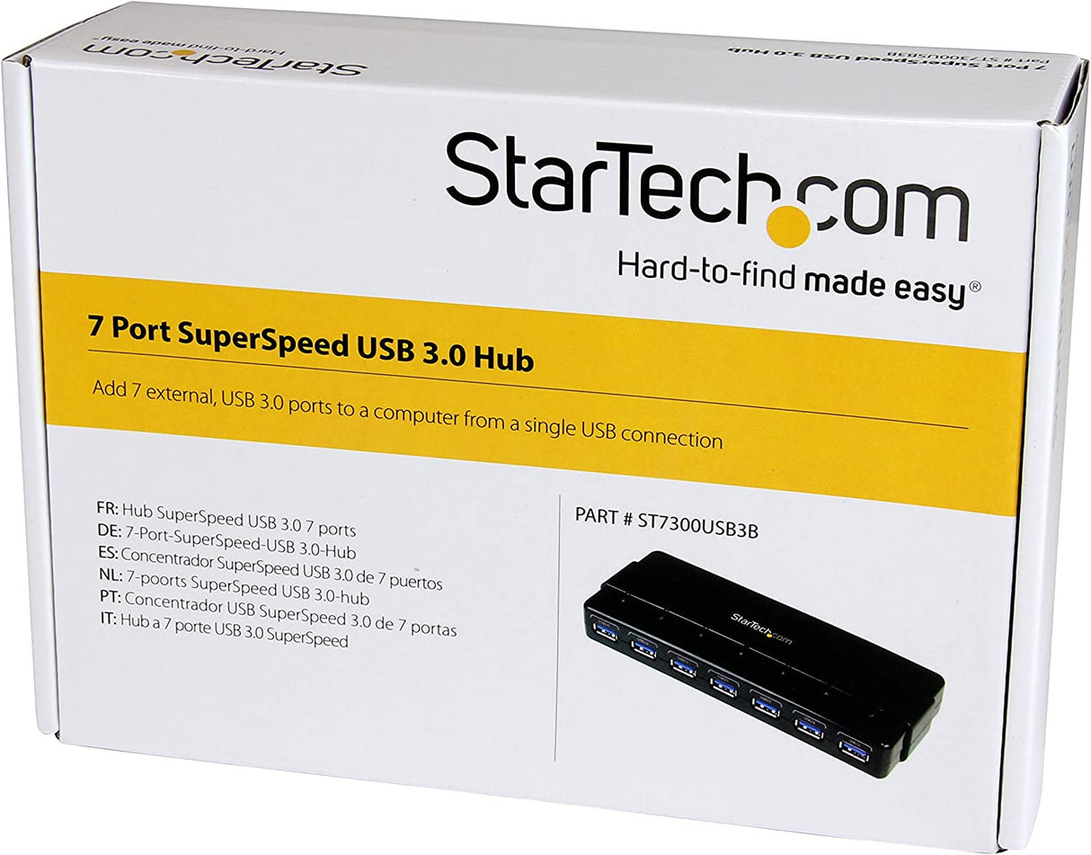 StarTech.com 7 Port USB 3.0 Hub – Up To 5 Gbps – 7 x USB – Universal Multi Port USB Extender for Your Desktop – USB Powered (ST7300USB3B) 7 x SuperSpeed USB-A | Power Adapter Desktop