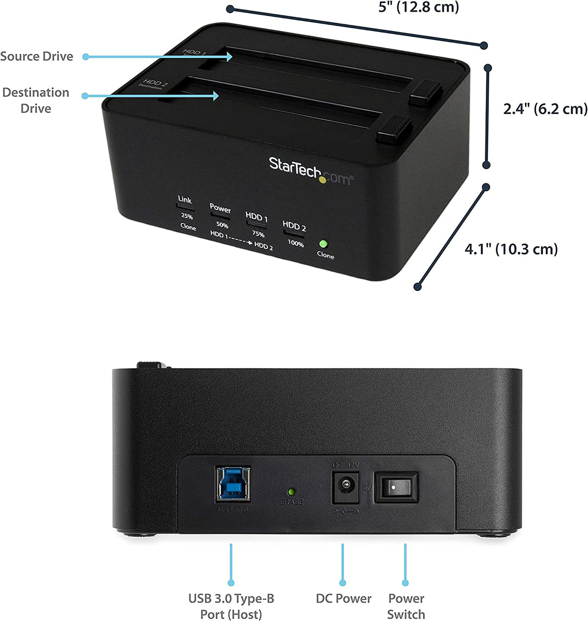 StarTech.com Dual Bay Hard Drive Duplicator And Eraser, Standalone SATA HDD/SSD Cloner/Copier, USB 3.0 To SATA Docking Station, Hard Drive Duplicator And Sanitizer Dock (SATDOCK2REU3)